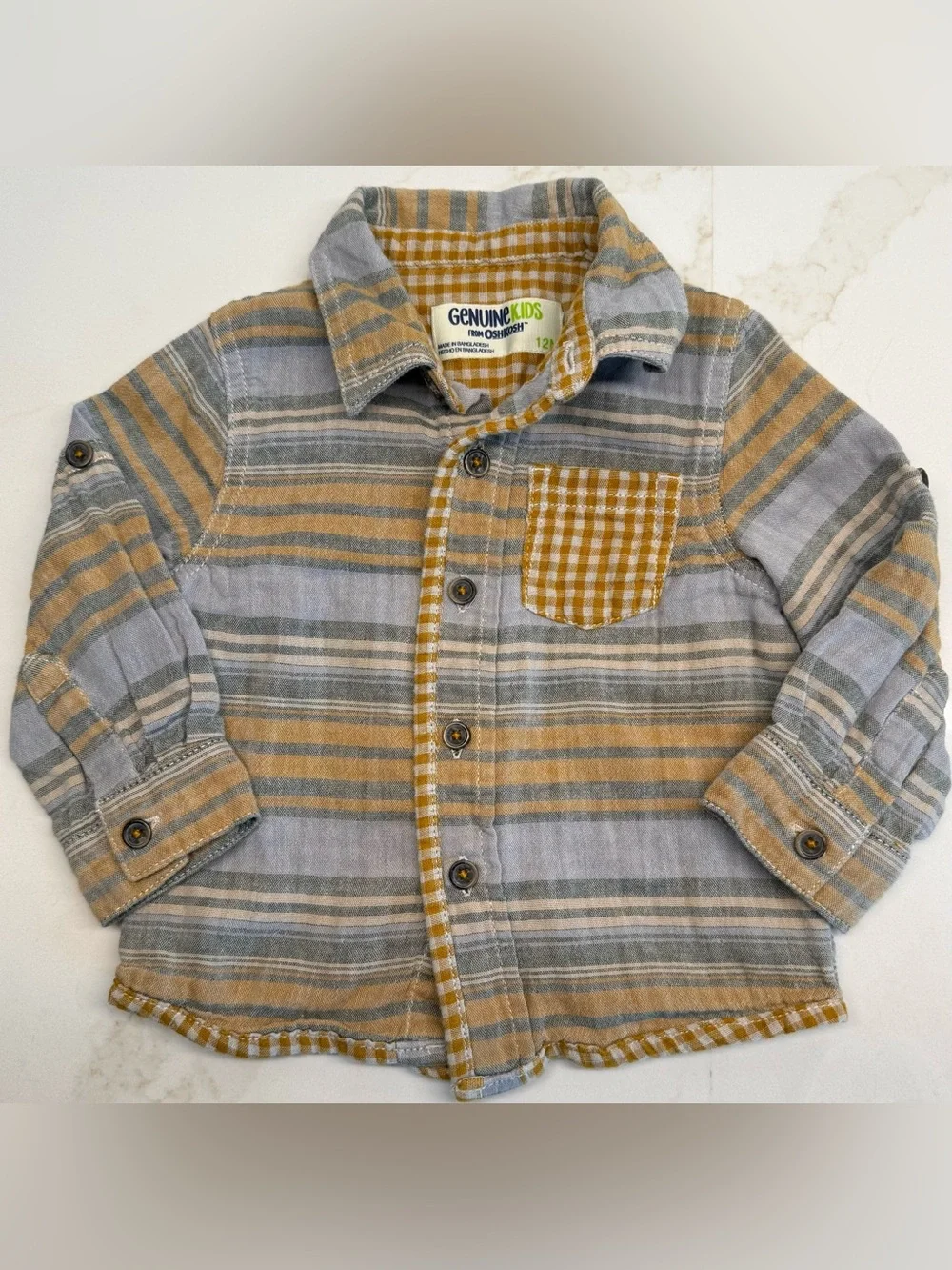 OshKosh 12M Denim Overalls & Genuine Kids Button Shirt Outfit Set